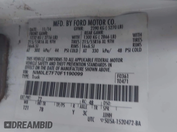 2015 Ford Transit Connect XLT с VIN NM0LE7F70F1190099, выставлен на аукционе IAAI как лот 41105757 с пробегом Не указан миль и . История ставок и продаж доступна на DreamBid. Изображение 9.