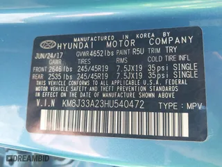 2017 Hyundai Tucson Value with VIN KM8J33A23HU540472, listed as a IAAI auction lot 41935056 with 58,937 mi miles. Bid and sale history available at carsss.com. Image 9.