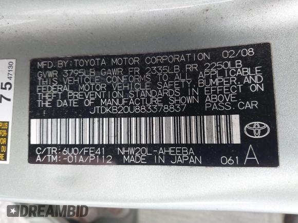 2008 Toyota Prius with VIN JTDKB20U883378837, listed as a IAAI auction lot 41867366 with 147,527 mi miles and . Bid and sale history available at DreamBid. Image 9.