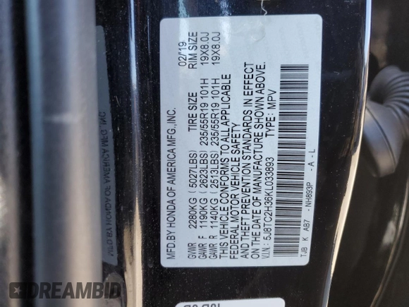 2019 Acura RDX with VIN 5J8TC2H36KL033893, listed as a Copart auction lot 52488145 with 59,137 mi miles and Salvage title. Bid and sale history available at DreamBid. Image 13.