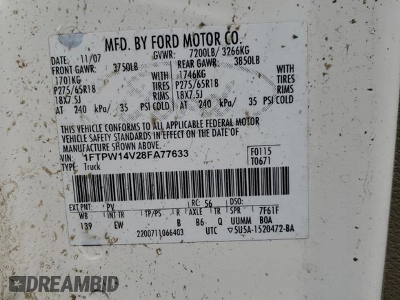 2008 Ford F-150 XLT with VIN 1FTPW14V28FA77633, listed as a Copart auction lot 56038375 with Not provided miles and Non repairable. Bid and sale history available at DreamBid. Image 12.