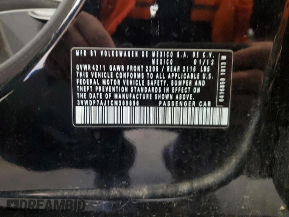 2012 Volkswagen Jetta Sedan SE w/Convenience PZEV with VIN 3VWDP7AJ1CM369896, listed as a Copart auction lot 50728385 with 128,147 mi miles and Salvage Title. Bid and sale history available at carsss.com. Image 12.
