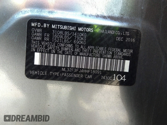 2017 Mitsubishi Mirage ES with VIN ML32F3FJ4HHF18091, listed as a IAAI auction lot 32458303 with 81,816 mi miles and . Bid and sale history available at DreamBid. Image 9.
