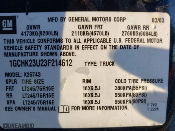 2003 Chevrolet Silverado 2500HD LS with VIN 1GCHK23U23F214612, listed as a IAAI auction lot 41307158 with 95,012 mi miles. Bid and sale history available at carsss.com. Image 9.