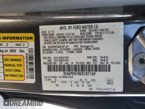 2016 Ford Fusion SE with VIN 3FA6P0H78GR187169, listed as a Copart auction lot 55984855 with 76,340 mi miles and Salvage title. Bid and sale history available at DreamBid. Image 12.