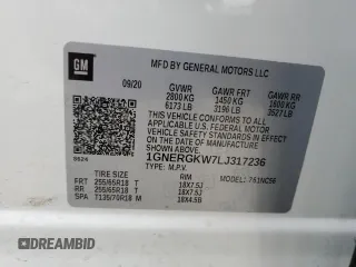 2020 Chevrolet Traverse LT Cloth z VIN 1GNERGKW7LJ317236, wystawiony jako Copart lot #58713465 z przebiegiem 79 070 mil mil oraz Szkoda całkowita • Salvage title. Historia ofert i sprzedaży dostępna na DreamBid. Obrazek 13.