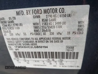 2020 Ford Explorer Platinum with VIN 1FM5K8HC2LGB50194, listed as a IAAI auction lot 42326070 with 68,444 mi miles and . Bid and sale history available at DreamBid. Image 9.