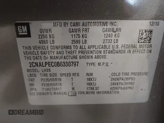2011 Chevrolet Equinox 2LT with VIN 2CNALPEC0B6330797, listed as a IAAI auction lot 41461525 with 170,000 mi miles and . Bid and sale history available at carsss.com. Image 9.
