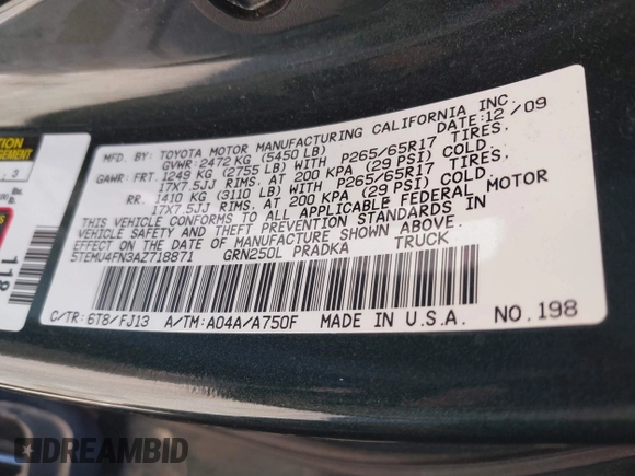 2010 Toyota Tacoma with VIN 5TEMU4FN3AZ718871, listed as a IAAI auction lot 42055583 with 241,870 mi miles and . Bid and sale history available at DreamBid. Image 9.