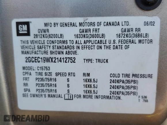 2002 Chevrolet Silverado 1500 LS with VIN 2GCEC19WX21412752, listed as a Copart auction lot 48411305 with 171,567 mi miles and Clean Title. Bid and sale history available at DreamBid. Image 12.