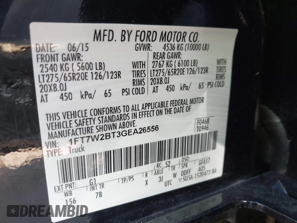 2016 Ford F-250 Lariat with VIN 1FT7W2BT3GEA26556, listed as a IAAI auction lot 41654334 with 179,248 mi miles and . Bid and sale history available at DreamBid. Image 9.