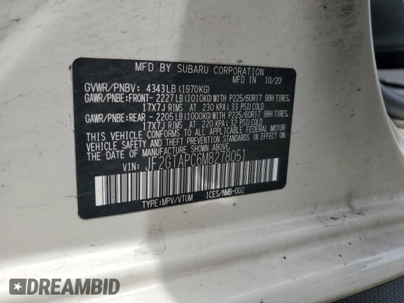 2021 Subaru Crosstrek Premium with VIN JF2GTAPC6M8278051, listed as a Copart auction lot 60501405 with 46,350 mi miles and Salvage title. Bid and sale history available at DreamBid. Image 13.