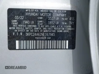 2022 Hyundai Accent SE with VIN 3KPC24A62NE167945, listed as a IAAI auction lot 41991124 with 26,376 mi miles and . Bid and sale history available at carsss.com. Image 9.