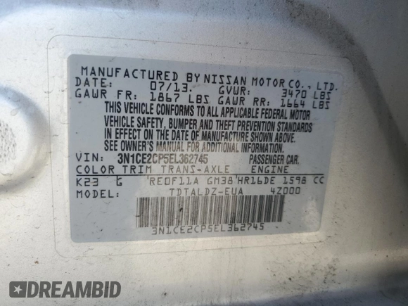 2014 Nissan Note SV with VIN 3N1CE2CP5EL362745, listed as a Copart auction lot 54069575 with 79,902 mi miles and Salvage Title. Bid and sale history available at DreamBid. Image 12.