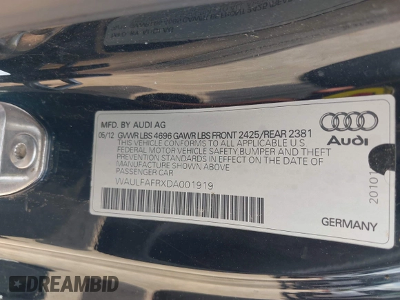 2013 Audi A5 Premium Plus with VIN WAULFAFRXDA001919, listed as a IAAI auction lot 42463431 with 136,752 mi miles and . Bid and sale history available at DreamBid. Image 9.