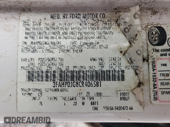 2012 Ford Fusion SEL с VIN 3FAHP0JG8CR406581, выставлен на аукционе Copart как лот 60820525 с пробегом 151 932 миль миль и Списание • Salvage title. История ставок и продаж доступна на DreamBid. Изображение 12.