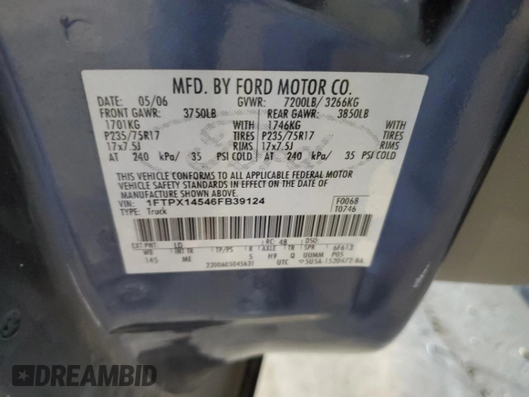2006 Ford F-150 XLT with VIN 1FTPX14546FB39124, listed as a Copart auction lot 58723635 with 95,108 mi miles and Salvage title. Bid and sale history available at DreamBid. Image 12.