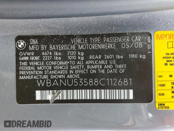 2008 BMW 5 Series 528i with VIN WBANU53588C112681, listed as a Copart auction lot 53535085 with 72,316 mi miles and Salvage Title. Bid and sale history available at carsss.com. Image 12.
