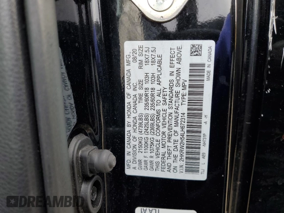 2020 Honda CR-V EX with VIN 2HKRW2H54LH672314, listed as a Copart auction lot 46732675 with 64,104 mi miles and Salvage Title. Bid and sale history available at carsss.com. Image 15.
