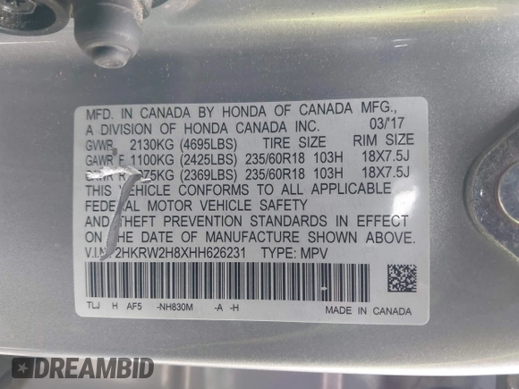 2017 Honda CR-V EX-L with VIN 2HKRW2H8XHH626231, listed as a IAAI auction lot 41979671 with 99,031 mi miles. Bid and sale history available at carsss.com. Image 9.