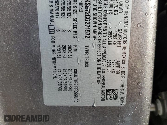 2012 Chevrolet Silverado 1500 LT with VIN 3GCPKSE72CG271572, listed as a Copart auction lot 47351645 with Not Provided miles and Non Repairable. Bid and sale history available at DreamBid. Image 12.