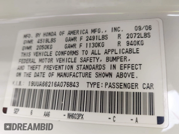 2006 Acura TL with VIN 19UUA66216A076843, listed as a IAAI auction lot 42131726 with 167,810 mi miles. Bid and sale history available at carsss.com. Image 9.