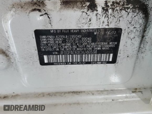 2012 Subaru Impreza Premium with VIN JF1GPAC6XCH246534, listed as a Copart auction lot 61001935 with 141,728 mi miles and Salvage title. Bid and sale history available at DreamBid. Image 12.