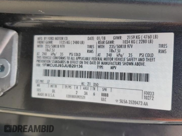 2018 Ford Escape Titanium with VIN 1FMCU0J93JUB20136, listed as a Copart auction lot 56841065 with 129,954 mi miles and Salvage title. Bid and sale history available at DreamBid. Image 13.