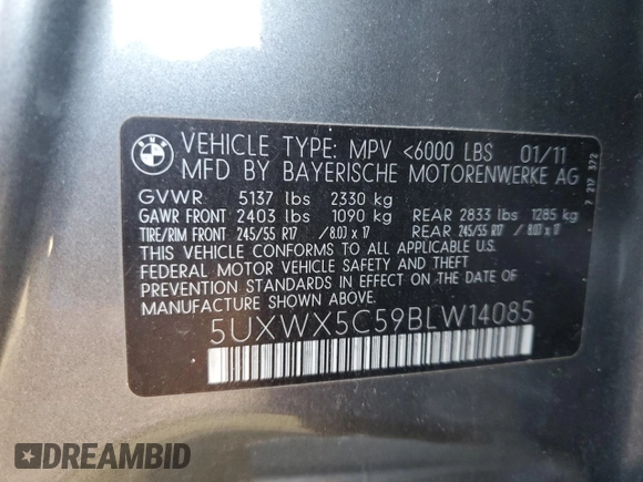 2011 BMW X3 28i with VIN 5UXWX5C59BLW14085, listed as a Copart auction lot 56405335 with 219,872 mi miles and Clean Title. Bid and sale history available at DreamBid. Image 13.