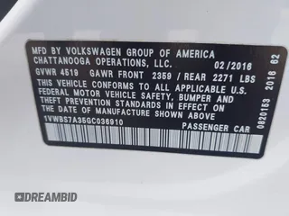 2016 Volkswagen Passat SE with VIN 1VWBS7A35GC036910, listed as a IAAI auction lot 41987411 with 108,250 mi miles and . Bid and sale history available at DreamBid. Image 9.