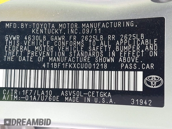 2012 Toyota Camry L with VIN 4T1BF1FKXCU001218, listed as a IAAI auction lot 41761264 with 60,712 mi miles. Bid and sale history available at carsss.com. Image 9.