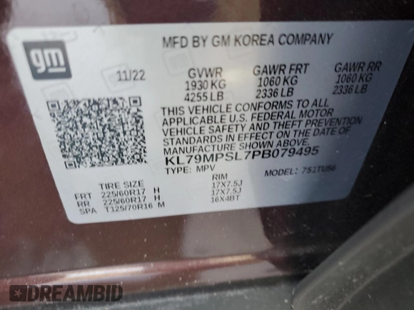 2023 Chevrolet TrailBlazer LT with VIN KL79MPSL7PB079495, listed as a Copart auction lot 43340585 with Not Provided miles and Salvage Title. Bid and sale history available at DreamBid. Image 13.