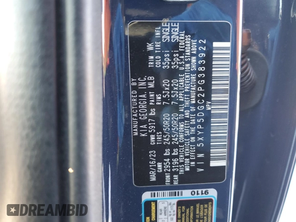 2023 Kia Telluride SX Prestige X-Line с VIN 5XYP5DGC2PG383922, выставлен на аукционе Copart как лот 88878745 с пробегом 19 320 миль миль и Списание • Salvage title. История ставок и продаж доступна на DreamBid. Изображение 14.