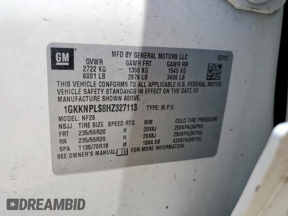 2017 GMC Acadia Denali with VIN 1GKKNPLS8HZ327113, listed as a Copart auction lot 58431595 with 102,061 mi miles and Salvage title. Bid and sale history available at DreamBid. Image 12.
