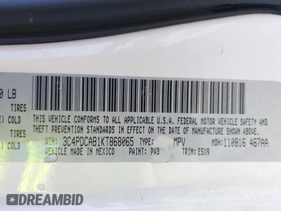 2019 Dodge Journey SE Value with VIN 3C4PDCAB1KT868065, listed as a IAAI auction lot 41642318 with 97,735 mi miles and . Bid and sale history available at DreamBid. Image 9.