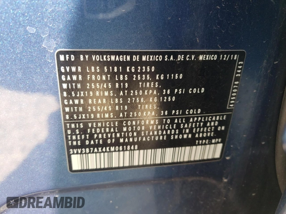 2019 Volkswagen Tiguan SE with VIN 3VV3B7AX4KM061848, listed as a Copart auction lot 49978745 with 100,295 mi miles and Salvage Title. Bid and sale history available at DreamBid. Image 13.