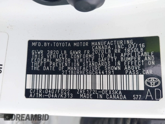 2016 Toyota Corolla L with VIN 2T1BURHE5GC644191, listed as a IAAI auction lot 41523018 with 153,392 mi miles and . Bid and sale history available at DreamBid. Image 9.