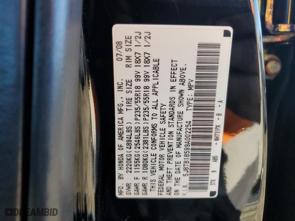 2009 Acura RDX Tech Pkg with VIN 5J8TB18599A002254, listed as a Copart auction lot 43114785 with 159,673 mi miles and Salvage Title. Bid and sale history available at carsss.com. Image 12.