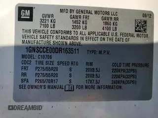 2013 Chevrolet Tahoe LTZ with VIN 1GNSCCE00DR163511, listed as a Copart auction lot 85811144 with Not provided miles and Salvage title. Bid and sale history available at DreamBid. Image 14.