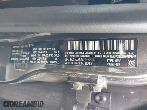 2020 Jeep Renegade Latitude with VIN ZACNJABB8LPL62919, listed as a IAAI auction lot 42161042 with 94,948 mi miles and . Bid and sale history available at DreamBid. Image 9.