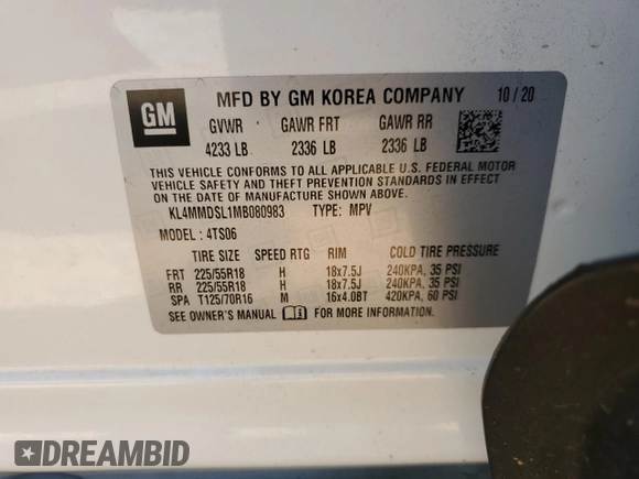 2021 Buick Encore GX Select z VIN KL4MMDSL1MB080983, wystawiony jako Copart lot #57167195 z przebiegiem Nie podano mil oraz Szkoda całkowita • Salvage title. Historia ofert i sprzedaży dostępna na DreamBid. Obrazek 14.