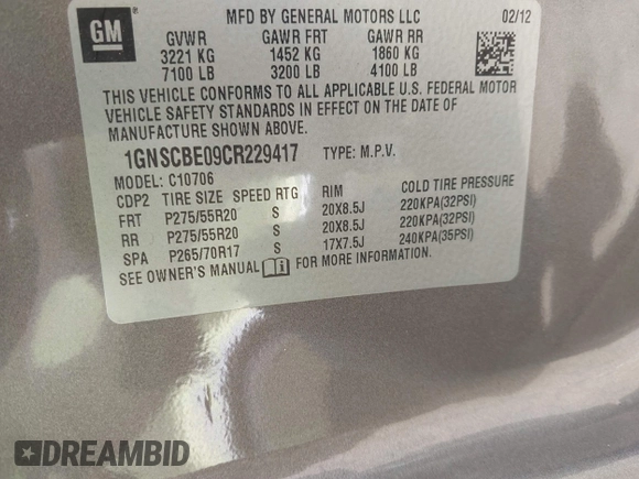 2012 Chevrolet Tahoe LT with VIN 1GNSCBE09CR229417, listed as a IAAI auction lot 42507793 with 164,877 mi miles and . Bid and sale history available at DreamBid. Image 9.