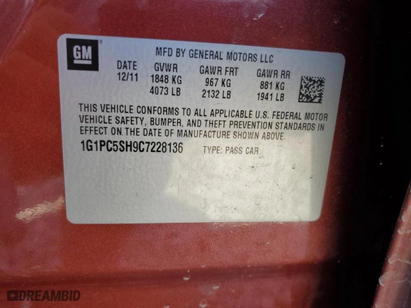2012 Chevrolet Cruze LS with VIN 1G1PC5SH9C7228136, listed as a Copart auction lot 50097915 with 105,043 mi miles and Salvage Title. Bid and sale history available at carsss.com. Image 13.