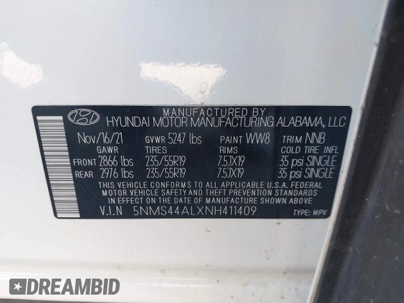 2022 Hyundai Santa Fe Limited with VIN 5NMS44ALXNH411409, listed as a IAAI auction lot 41889017 with 50,676 mi miles. Bid and sale history available at carsss.com. Image 9.