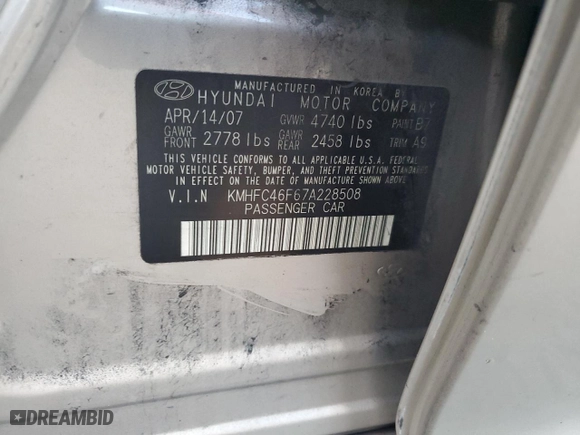 2007 Hyundai Azera SE with VIN KMHFC46F67A228508, listed as a Copart auction lot 71537224 with 123,218 mi miles and Salvage Title. Bid and sale history available at carsss.com. Image 14.