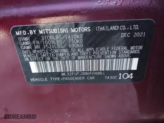 2022 Mitsubishi Mirage G4 ES with VIN ML32FUFJXNHF04861, listed as a IAAI auction lot 41803710 with 14,815 mi miles. Bid and sale history available at carsss.com. Image 9.