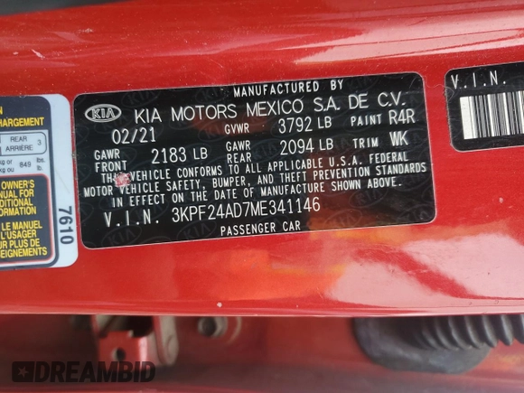 2021 Kia Forte LXS с VIN 3KPF24AD7ME341146, выставлен на аукционе Copart как лот 58122615 с пробегом 72 554 миль миль и Списание • Salvage title. История ставок и продаж доступна на DreamBid. Изображение 12.