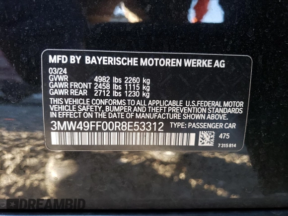 2024 BMW 3 Series M340i xDrive with VIN 3MW49FF00R8E53312, listed as a Copart auction lot 87704185 with 0 mi miles and Salvage Title. Bid and sale history available at carsss.com. Image 13.