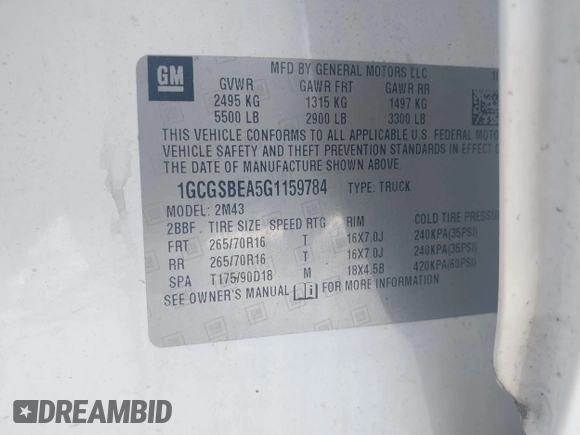 2016 Chevrolet Colorado 2WD WT with VIN 1GCGSBEA5G1159784, listed as a IAAI auction lot 42573793 with 220,730 mi miles and . Bid and sale history available at DreamBid. Image 9.