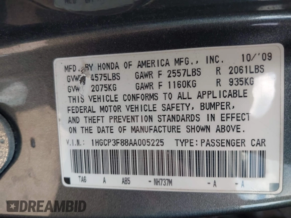 2010 Honda Accord EX-L with VIN 1HGCP3F88AA005225, listed as a IAAI auction lot 42217473 with 193,322 mi miles and . Bid and sale history available at DreamBid. Image 9.
